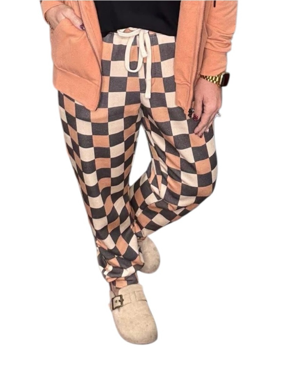 LulaRoe Streetwear checkerboard boyfriend joggers. Peach charcoal gray/beige